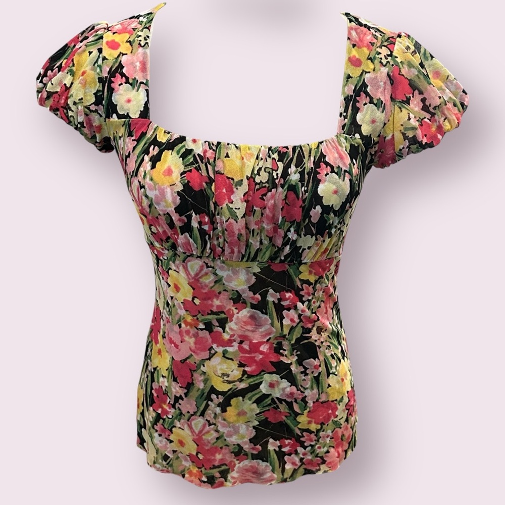Y2K Floral Babydoll Milkmaid Mesh Top Sz XXS Floral Puff Sleeves Square Neckline